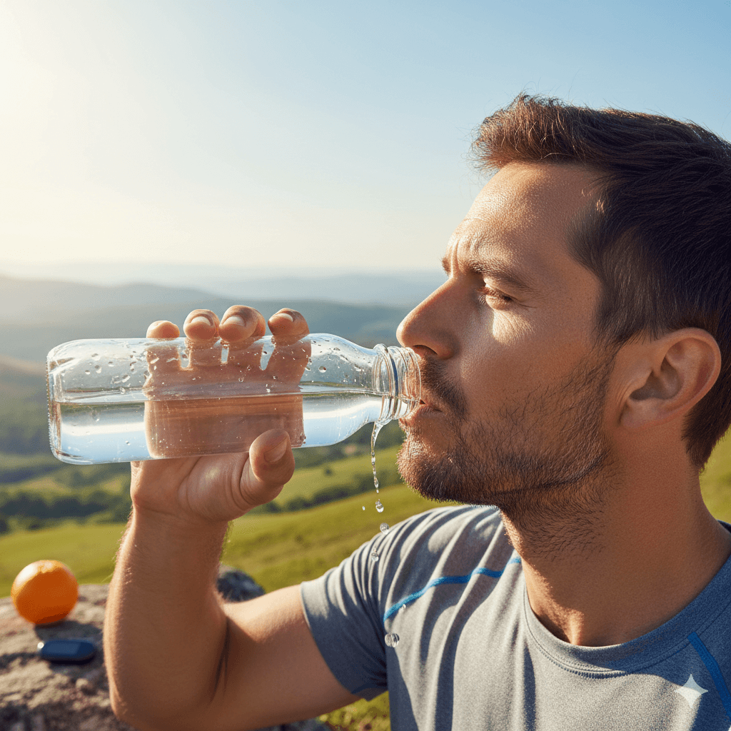Water bottle and fresh foods representing daily hydration habits